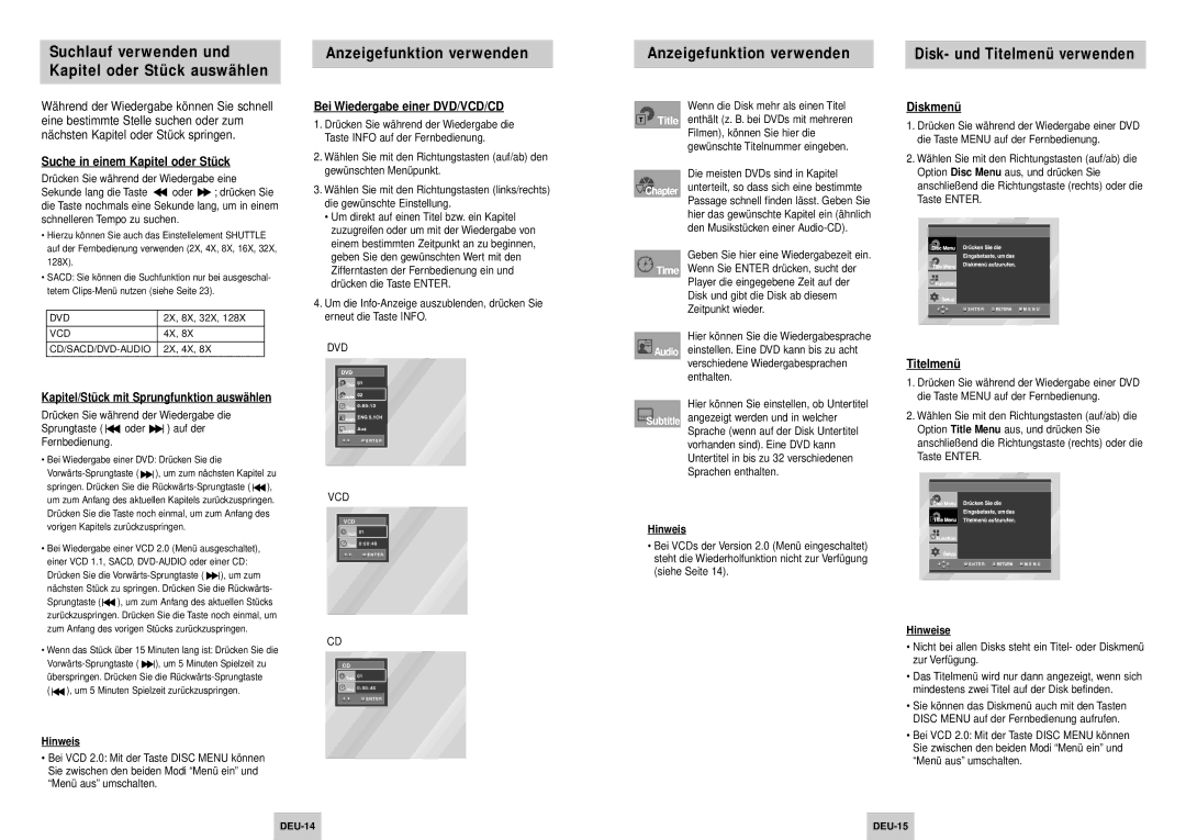 Samsung DVD-HD745/XEL manual Suche in einem Kapitel oder Stü ck, Bei Wiedergabe einer DVD/VCD/CD, Diskmenü, Titelmenü 