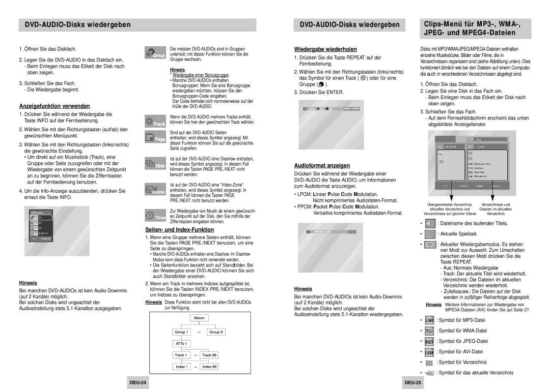 Samsung DVD-HD745/XEG, DVD-HD745/XEL manual DVD-AUDIO-Disks wiedergeben, Clips-Menü für MP3-, WMA-, JPEG- und MPEG4-Dateien 