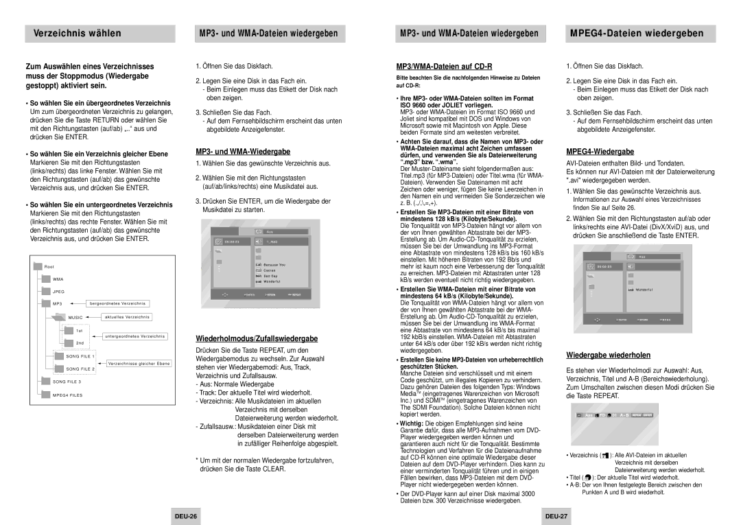 Samsung DVD-HD745/XEL, DVD-HD745/XEG manual Verzeichnis wählen, MPEG4-Dateien wiedergeben 