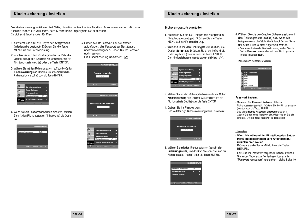 Samsung DVD-HD745/XEG, DVD-HD745/XEL manual Kindersicherung einstellen, Sicherungsstufe einstellen, Passwort ä ndern 