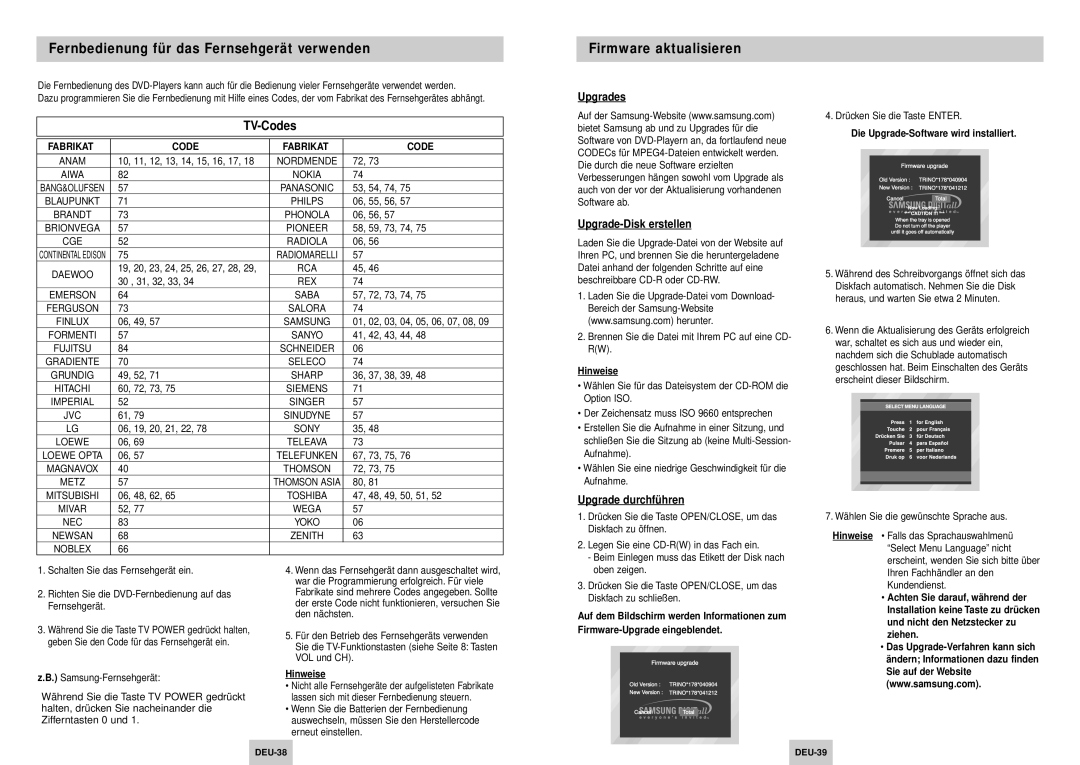 Samsung DVD-HD745/XEL manual Fernbedienung für das Fernsehgerät verwenden, Firmware aktualisieren, Upgrade durchfü hren 