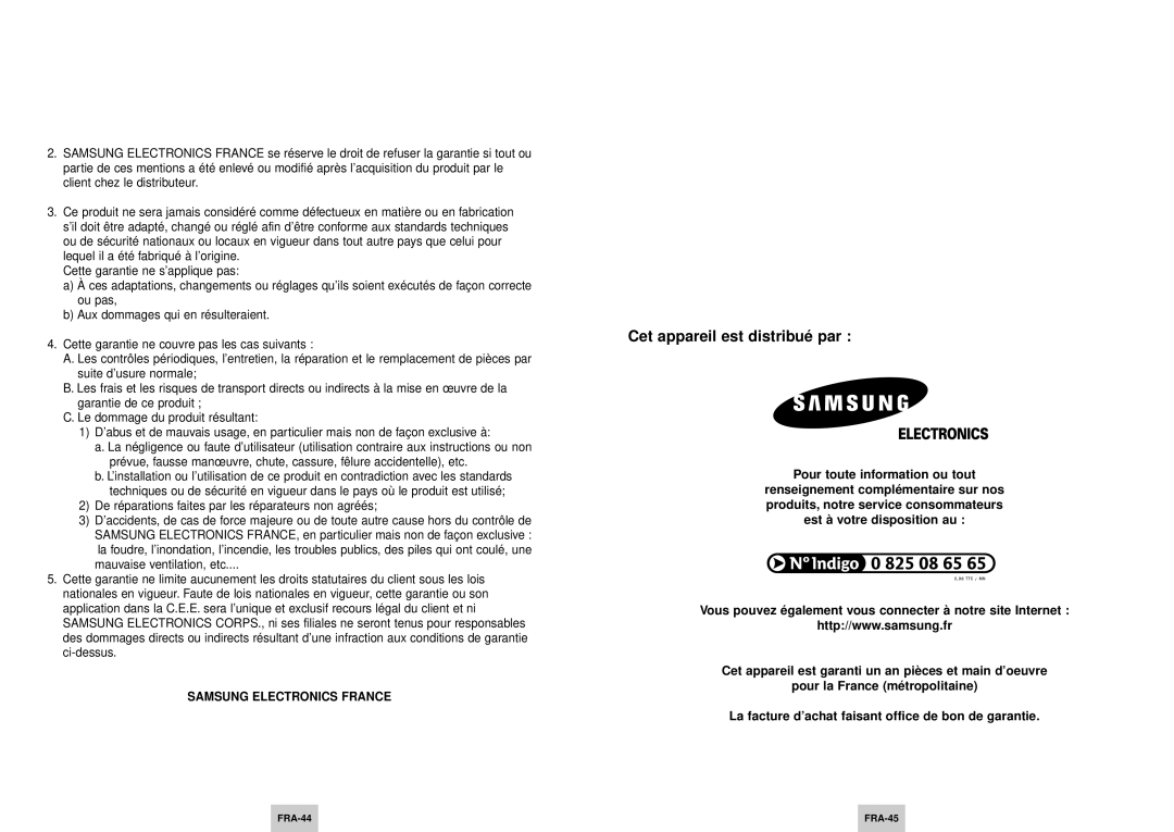 Samsung DVD-HD745/XEL, DVD-HD745/XEG manual Pour toute information ou tout, FRA-44 FRA-45 