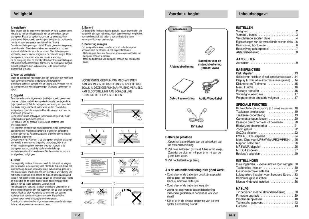 Samsung DVD-HD745/XEG, DVD-HD745/XEL manual Veiligheid, Voordat u begint, Inhoudsopgave, Batterijen plaatsen 