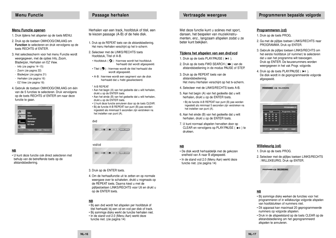 Samsung DVD-HD745/XEL manual Menu Functie Passage herhalen Vertraagde weergave, Menu Functie openen, Programmeren cd 