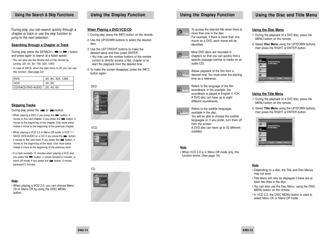 Samsung DVD-HD745/XEG, DVD-HD745/XEL manual Using the Display Function Using the Disc and Title Menu 