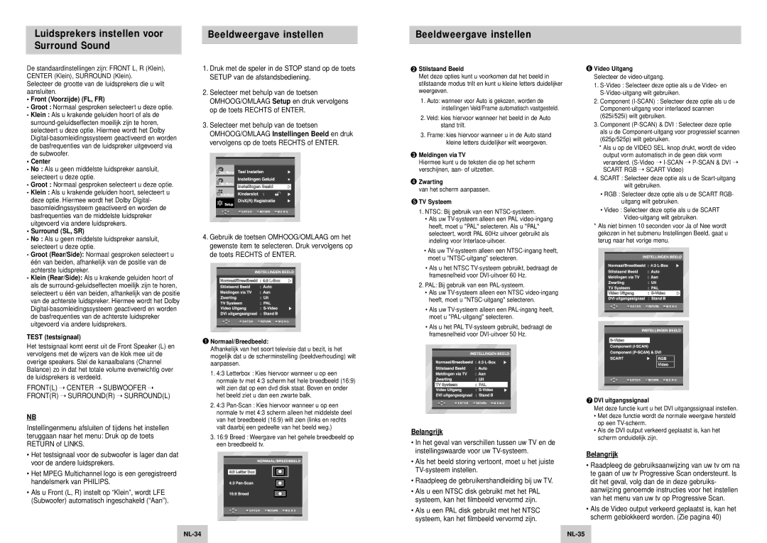 Samsung DVD-HD745/XEG, DVD-HD745/XEL manual Front Voorzijde FL, FR, Center, Surround SL, SR, Test testsignaal 