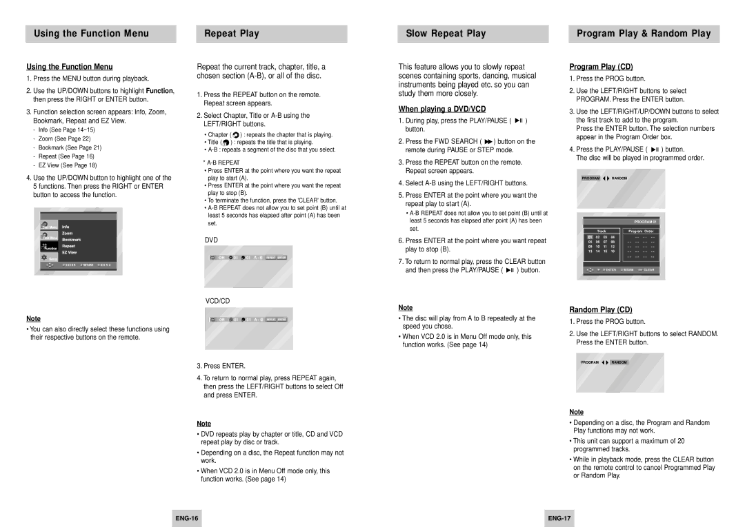 Samsung DVD-HD745/XEL manual Using the Function Menu, When playing a DVD/VCD, Program Play CD, Random Play CD, Vcd/Cd 