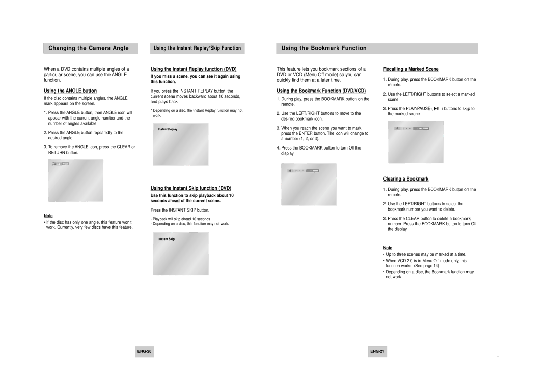 Samsung DVD-HD747/KNT, DVD-HD747/FES manual Changing the Camera Angle, Using the Bookmark Function 