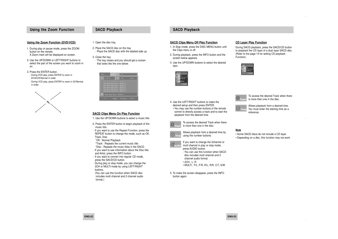 Samsung DVD-HD747/FES manual Using the Zoom Function Sacd Playback, Using the Zoom Function DVD/VCD, CD Layer Play Function 