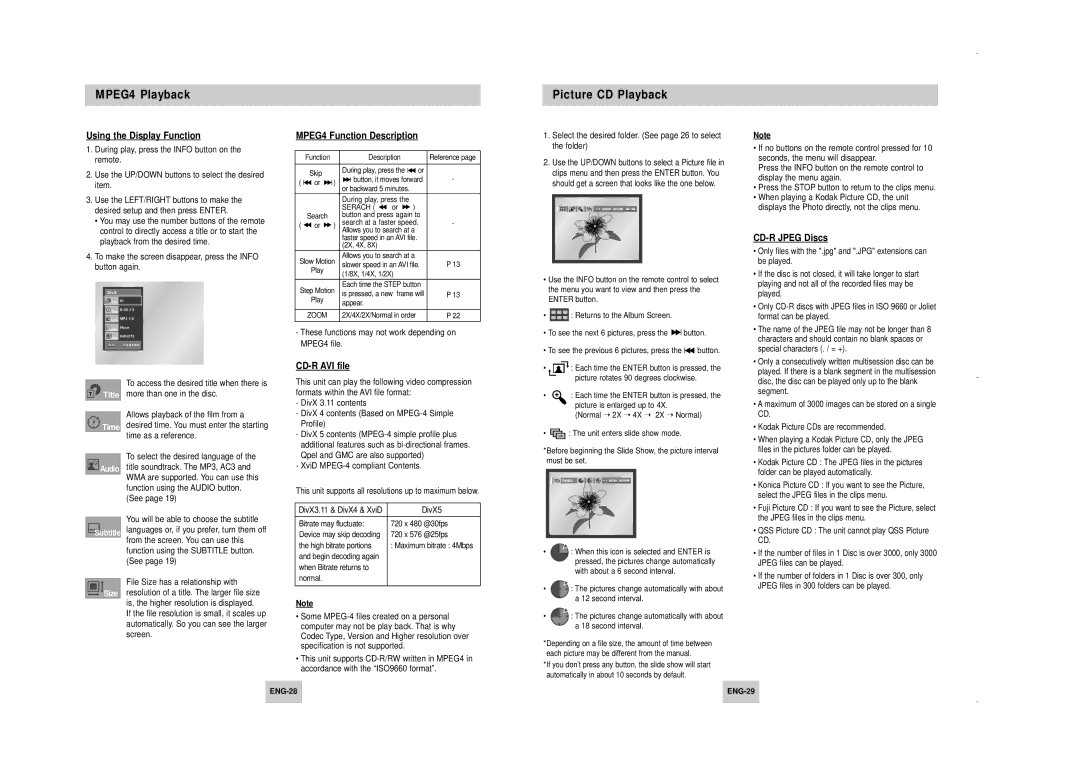 Samsung DVD-HD747/KNT manual MPEG4 Playback Picture CD Playback, MPEG4 Function Description, CD-R AVI file, CD-R Jpeg Discs 