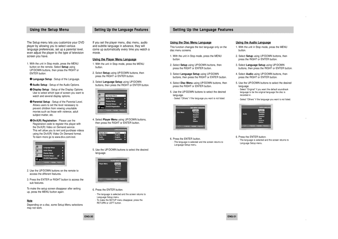 Samsung DVD-HD747/FES manual Using the Setup Menu, Setting Up the Language Features, Using the Player Menu Language 