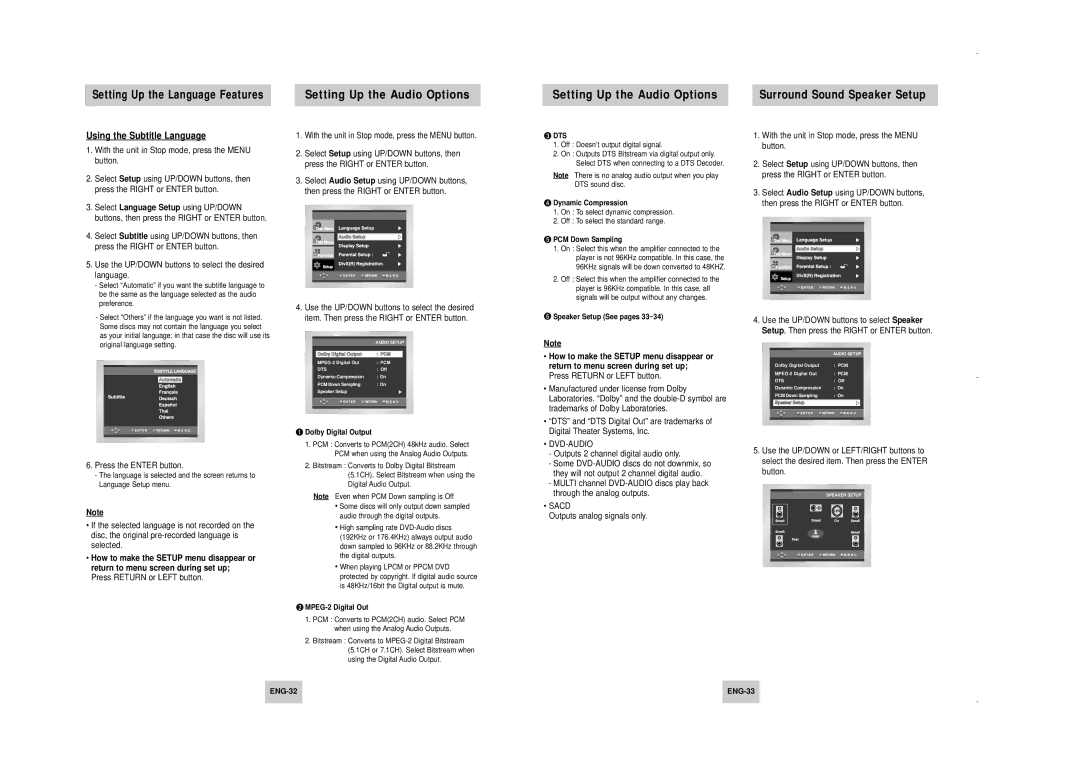 Samsung DVD-HD747/KNT manual Setting Up the Audio Options, Using the Subtitle Language, Dvd-Audio, Sacd, ENG-32 ENG-33 