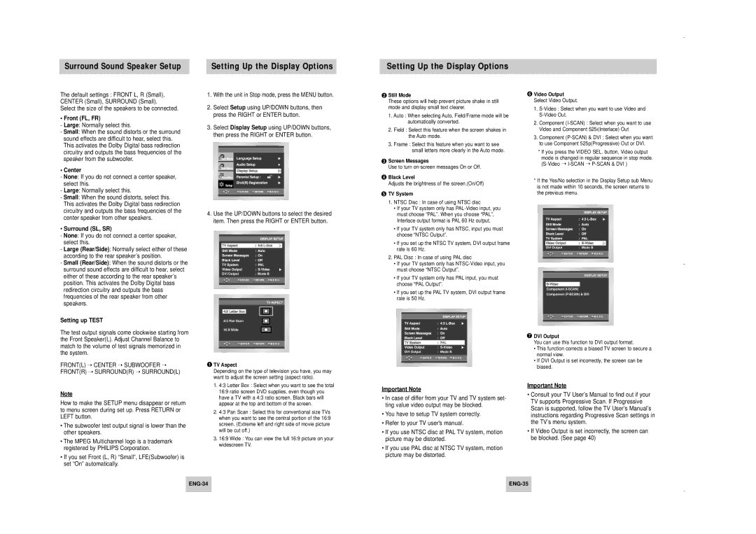 Samsung DVD-HD747/FES, DVD-HD747/KNT manual Surround Sound Speaker Setup, Setting Up the Display Options 