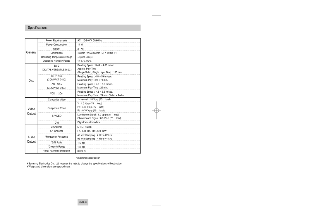 Samsung DVD-HD747/FES, DVD-HD747/KNT manual Specifications, ENG-42 