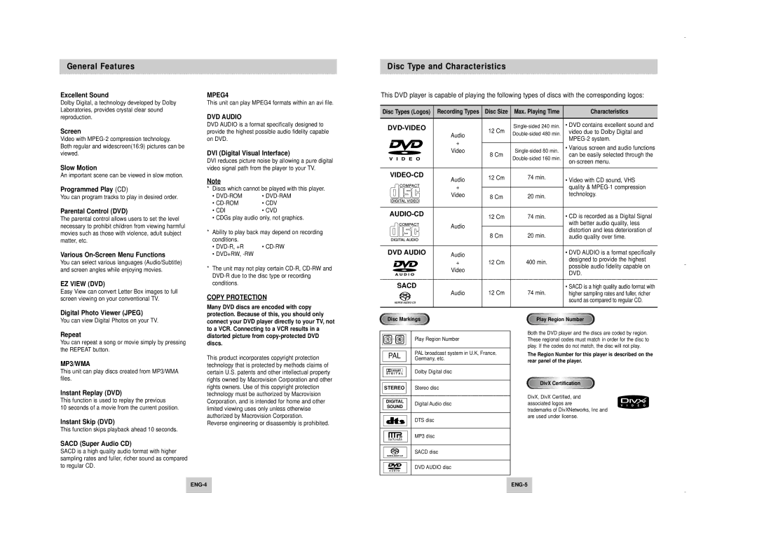 Samsung DVD-HD747/KNT, DVD-HD747/FES manual General Features, Disc Type and Characteristics 