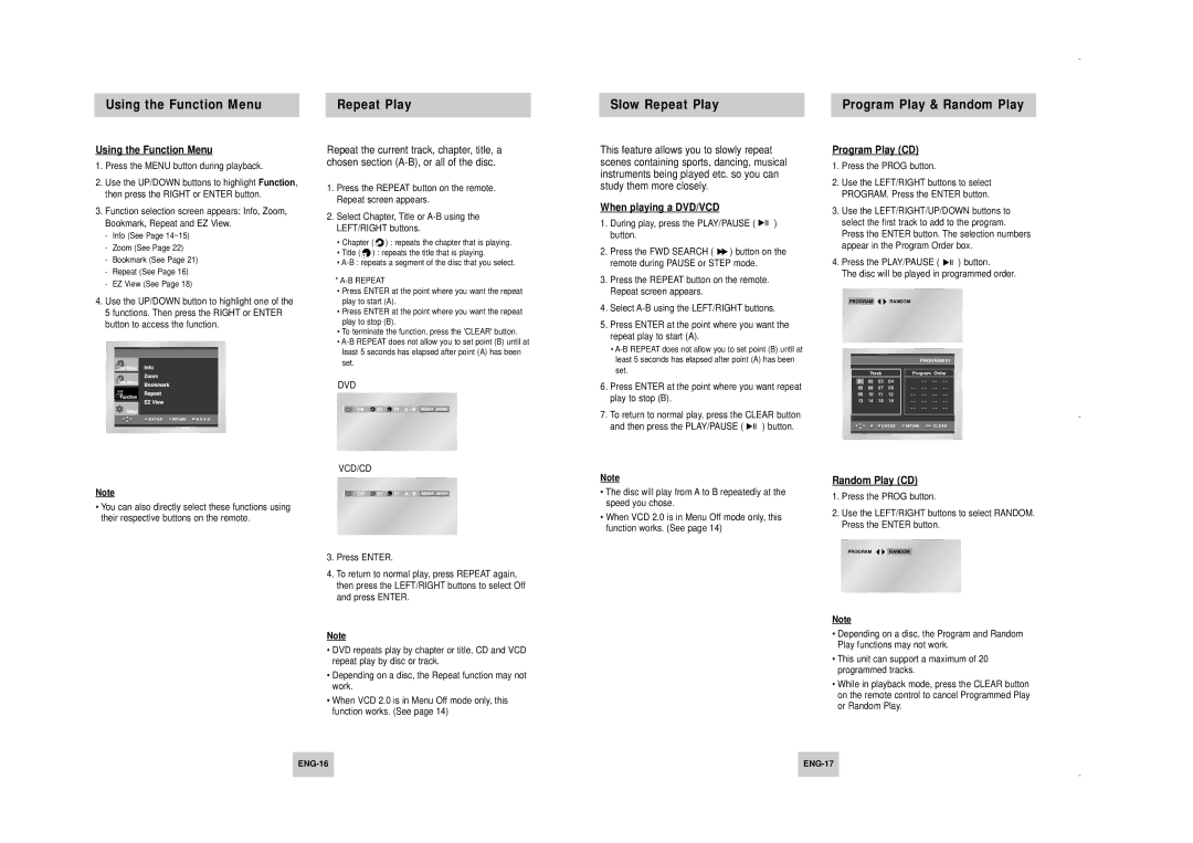 Samsung DVD-HD747/KNT Using the Function Menu, When playing a DVD/VCD, Program Play CD, Random Play CD, ENG-16 ENG-17 