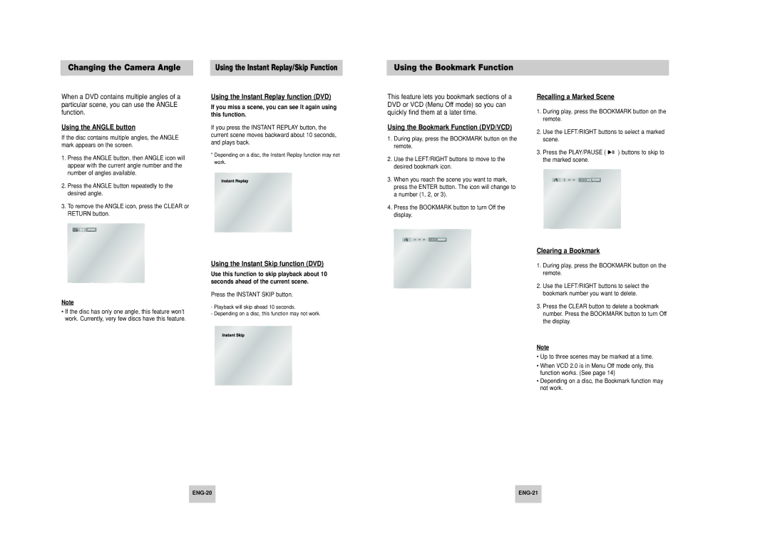 Samsung DVD-HD748 manual Changing the Camera Angle, Using the Bookmark Function 