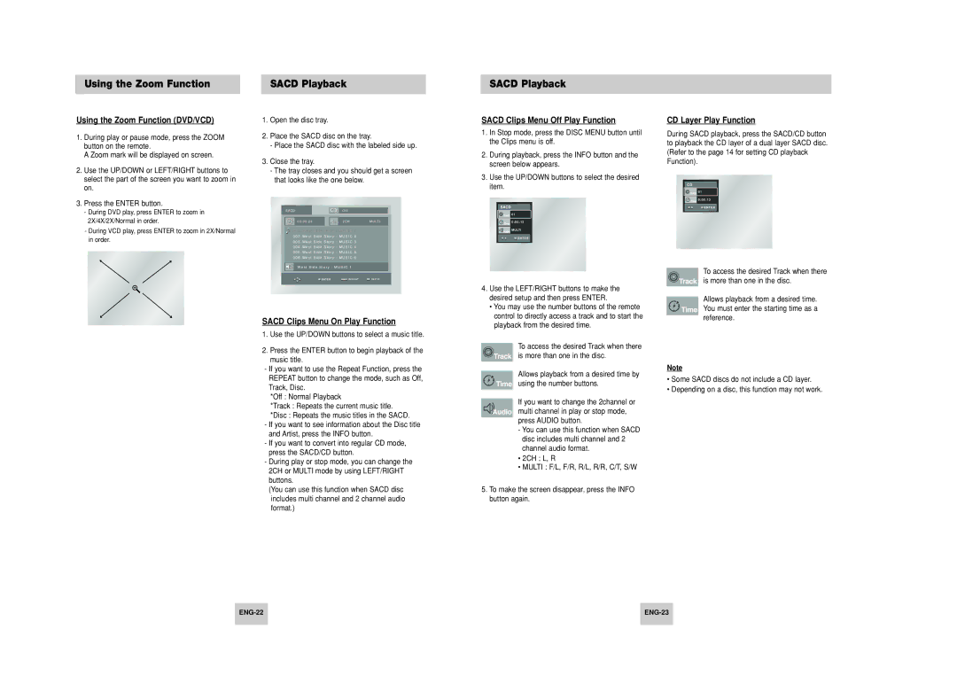 Samsung DVD-HD748 manual Using the Zoom Function Sacd Playback, Using the Zoom Function DVD/VCD, CD Layer Play Function 