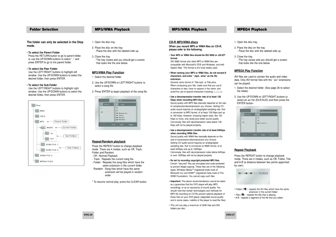 Samsung DVD-HD748 manual Folder Selection MP3/WMA Playback MPEG4 Playback 