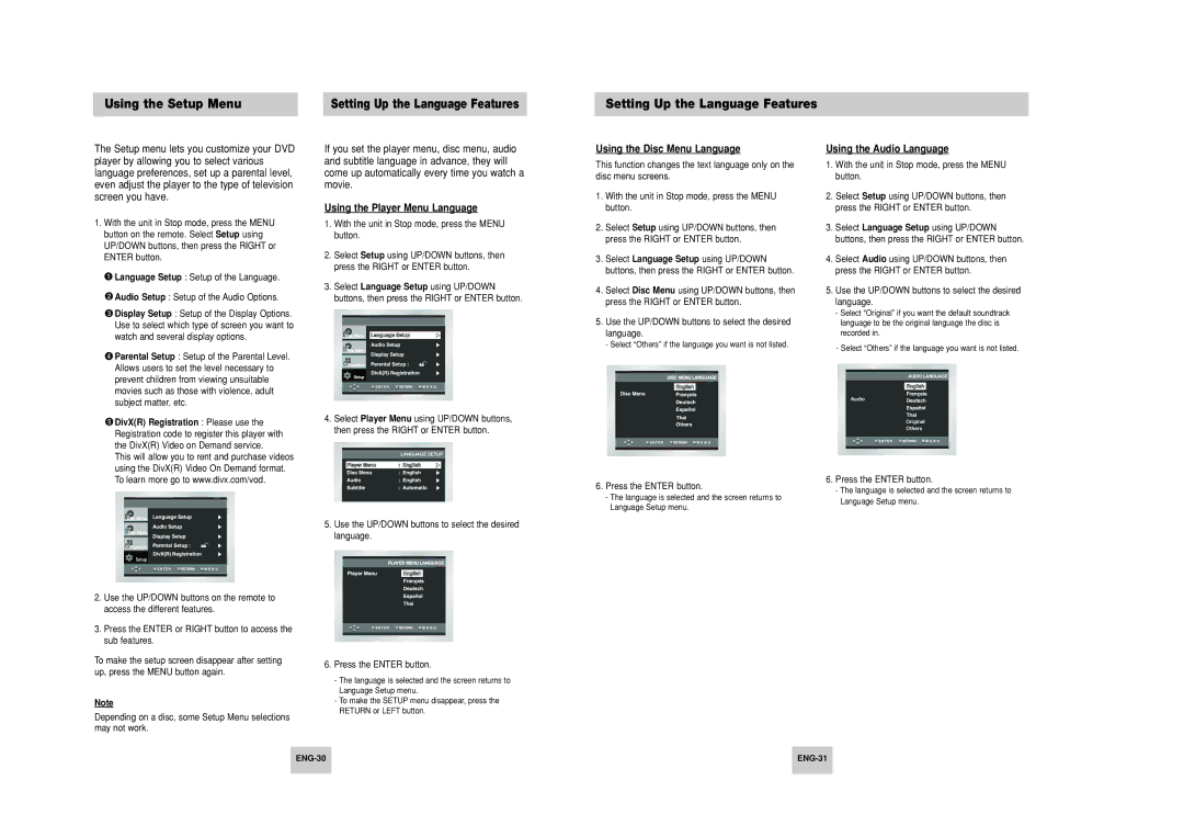 Samsung DVD-HD748 manual Using the Setup Menu, Setting Up the Language Features, Using the Player Menu Language 