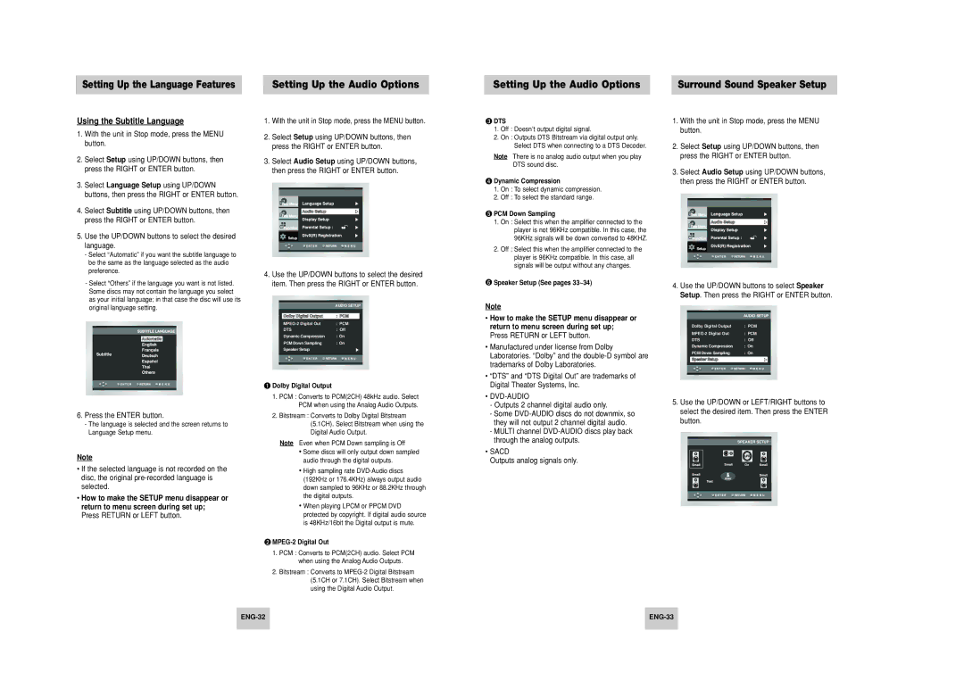 Samsung DVD-HD748 Setting Up the Audio Options, Surround Sound Speaker Setup, Using the Subtitle Language, ENG-32 ENG-33 