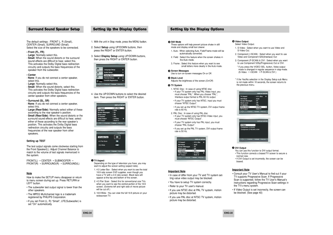 Samsung DVD-HD748 manual Setting Up the Display Options 