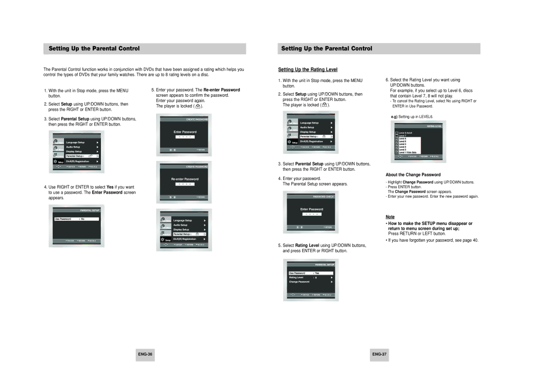 Samsung DVD-HD748 Setting Up the Parental Control, Setting Up the Rating Level, About the Change Password, ENG-36 ENG-37 