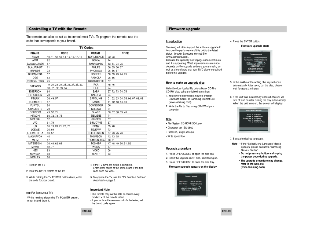 Samsung DVD-HD748 manual Controlling a TV with the Remote, Firmware upgrade, Introduction, How to make an upgrade disc 