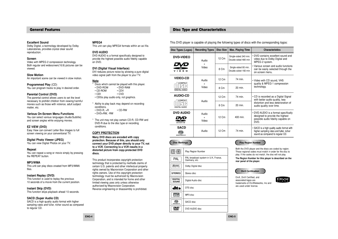 Samsung DVD-HD748 manual General Features, Disc Type and Characteristics 