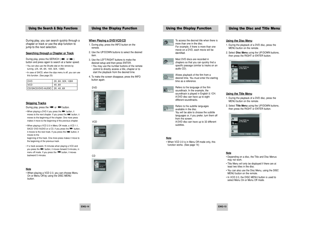 Samsung DVD-HD748 manual Using the Display Function Using the Disc and Title Menu 