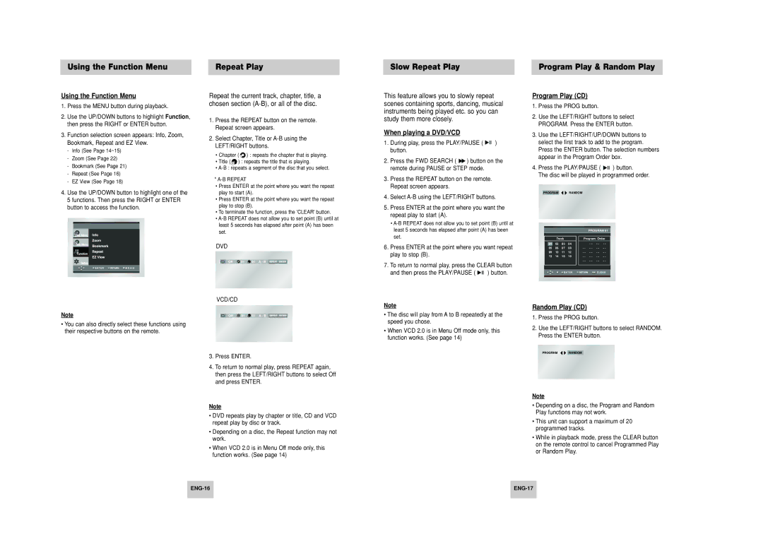 Samsung DVD-HD748 manual Using the Function Menu, Slow Repeat Play, Program Play & Random Play 