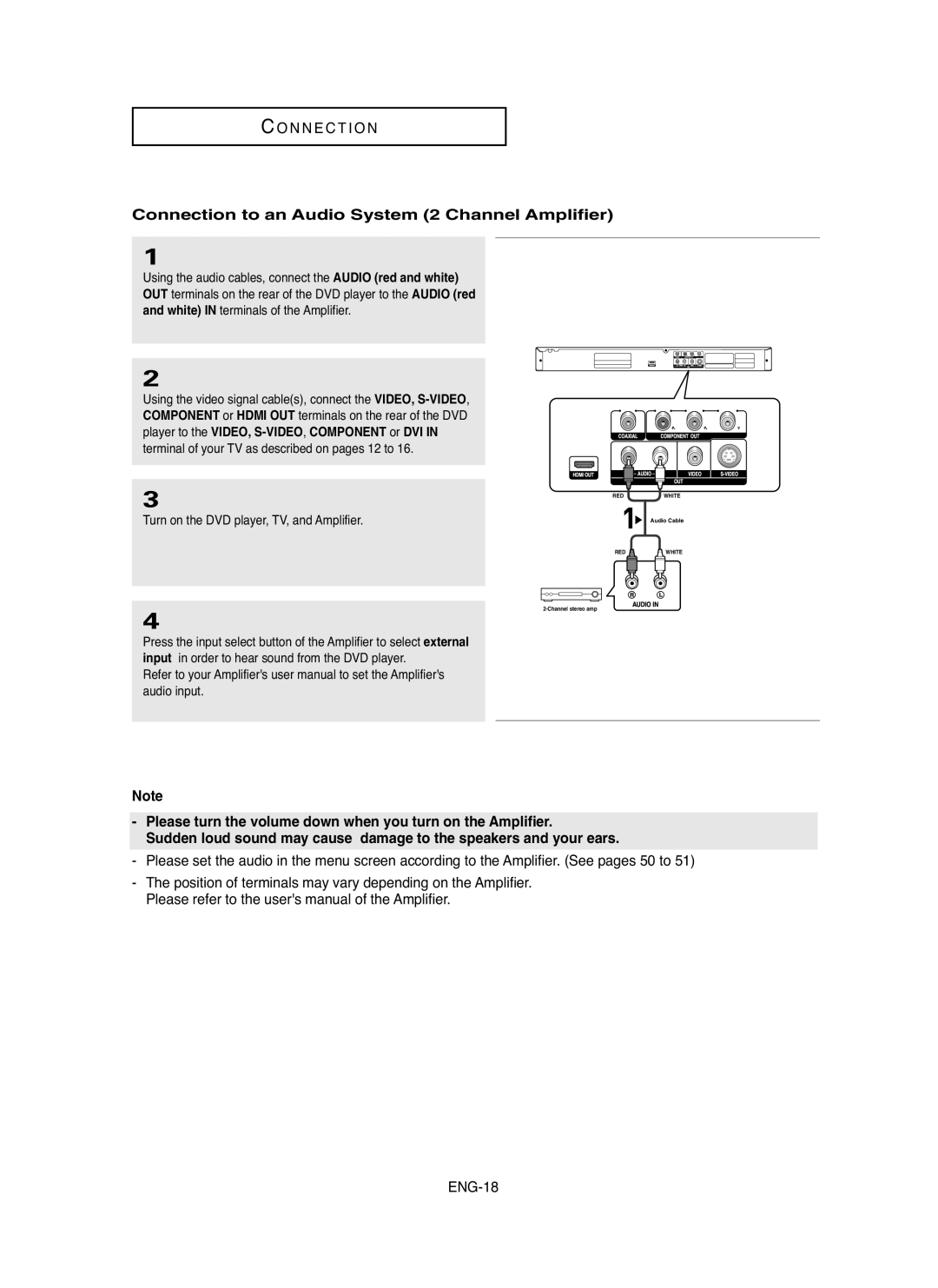 Samsung DVD-HD755 manual Connection to an Audio System 2 Channel Amplifier, Turn on the DVD player, TV, and Amplifier 