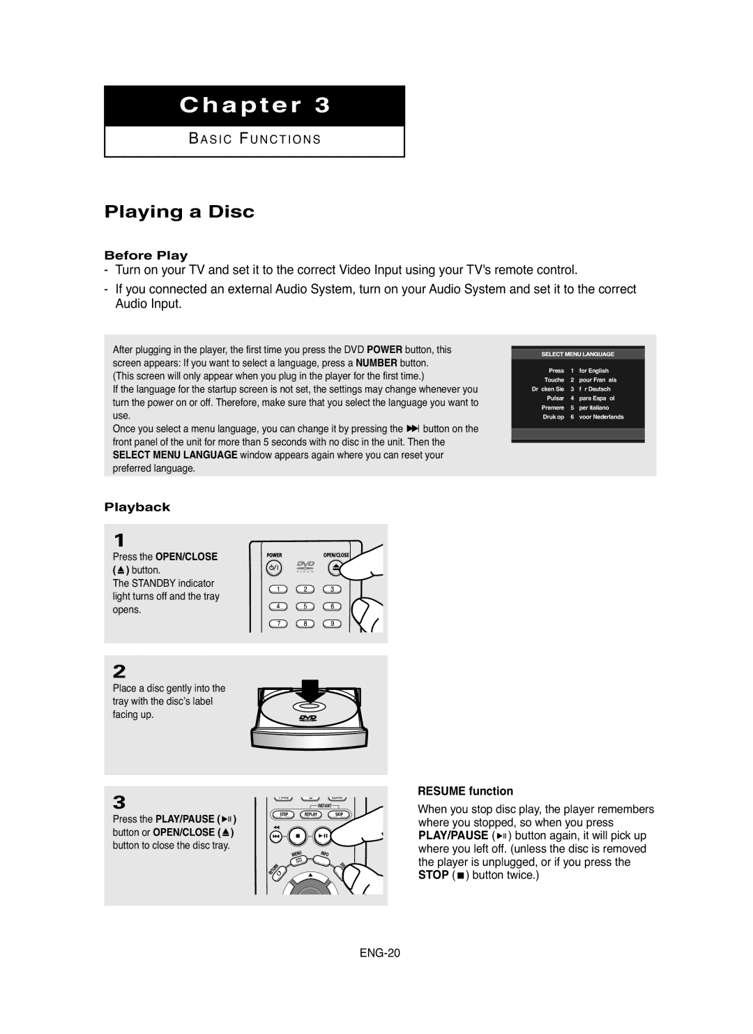 Samsung DVD-HD755 manual Playing a Disc, Before Play, Playback, Resume function 