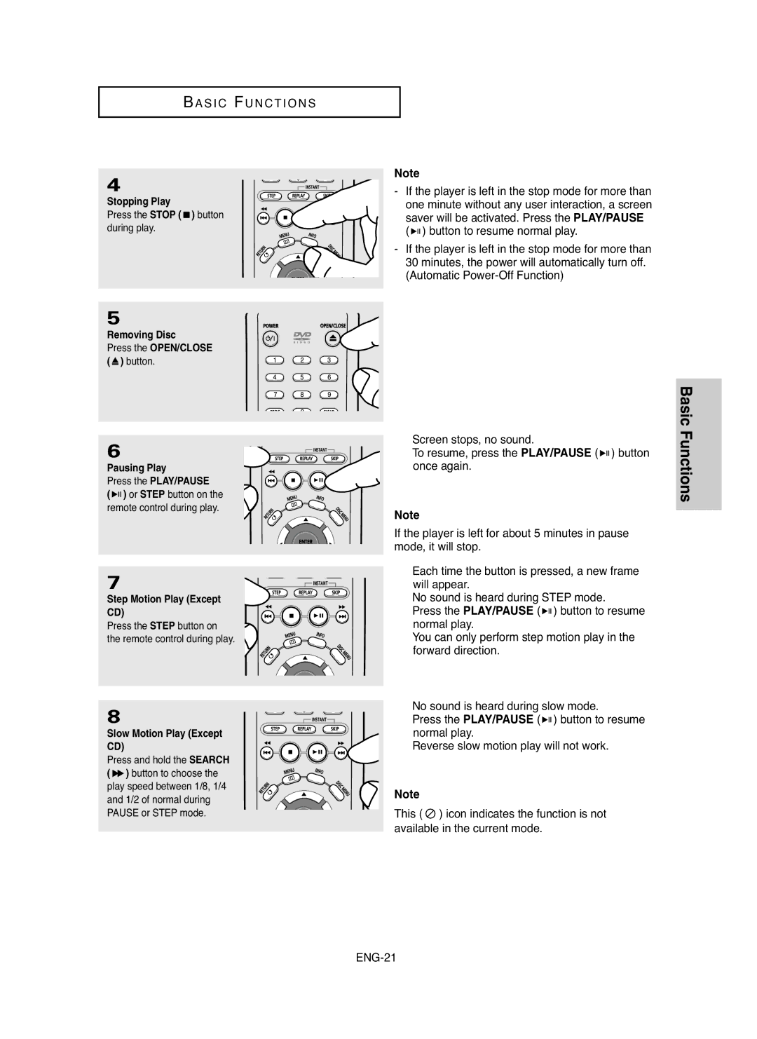 Samsung DVD-HD755 manual Stopping Play, Removing Disc, Pausing Play, Step Motion Play Except, Slow Motion Play Except 