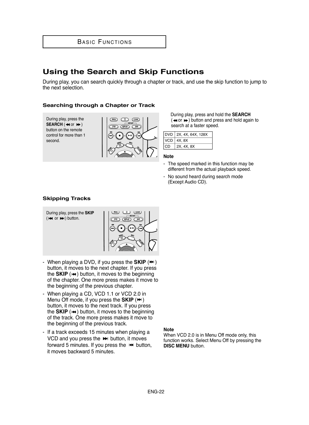 Samsung DVD-HD755 manual Using the Search and Skip Functions, Searching through a Chapter or Track, Skipping Tracks 