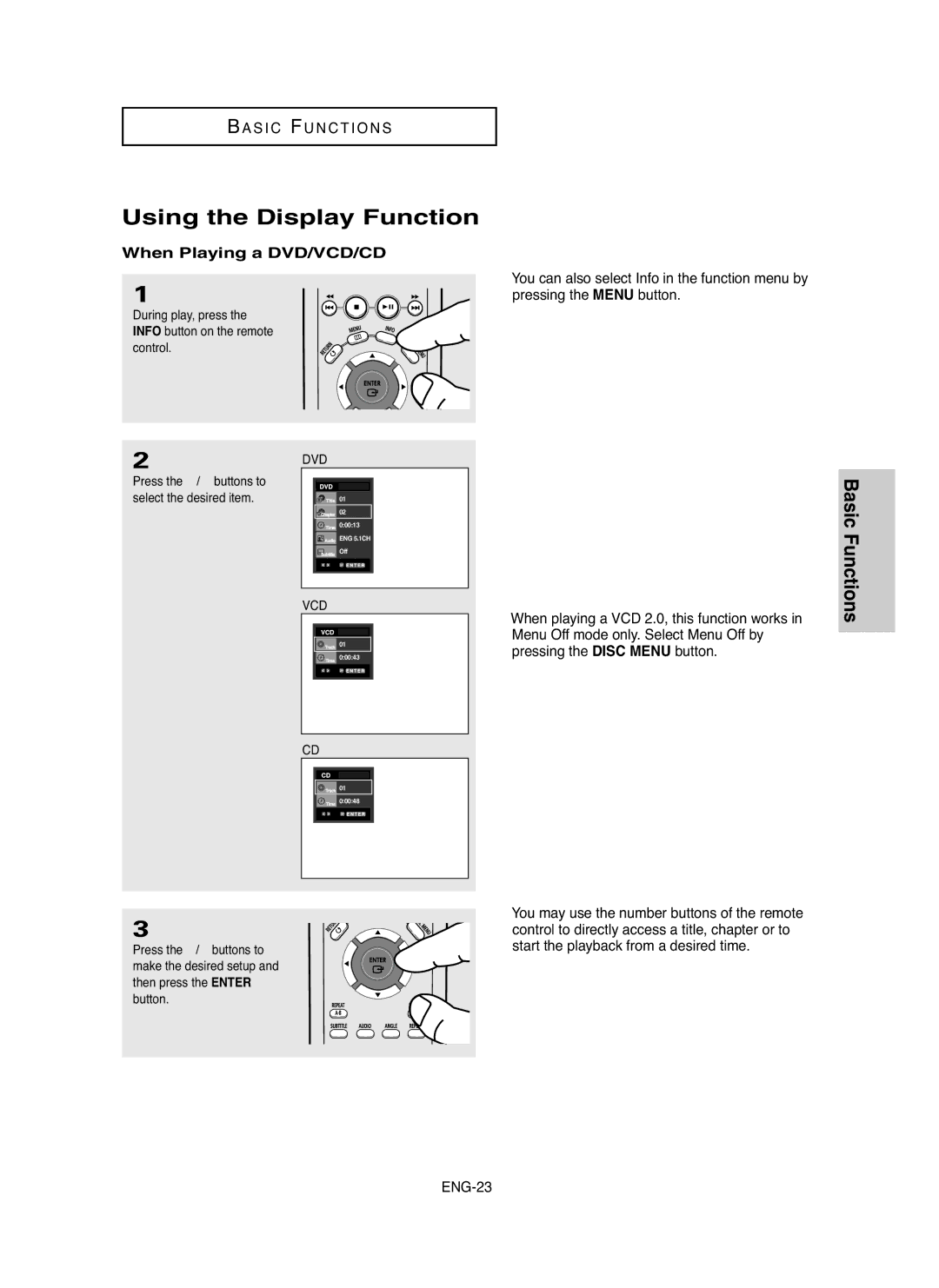 Samsung DVD-HD755 manual Using the Display Function, When Playing a DVD/VCD/CD 