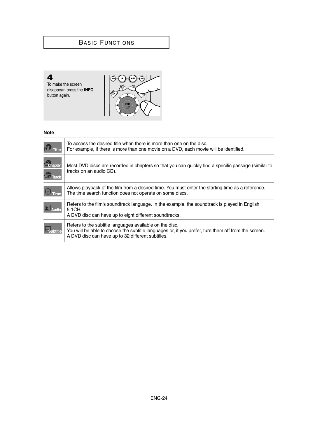 Samsung DVD-HD755 manual To make the screen disappear, press the Info button again 