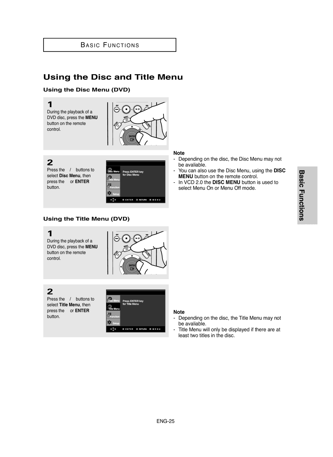 Samsung DVD-HD755 manual Using the Disc and Title Menu, Basic Functions, Using the Disc Menu DVD, Using the Title Menu DVD 