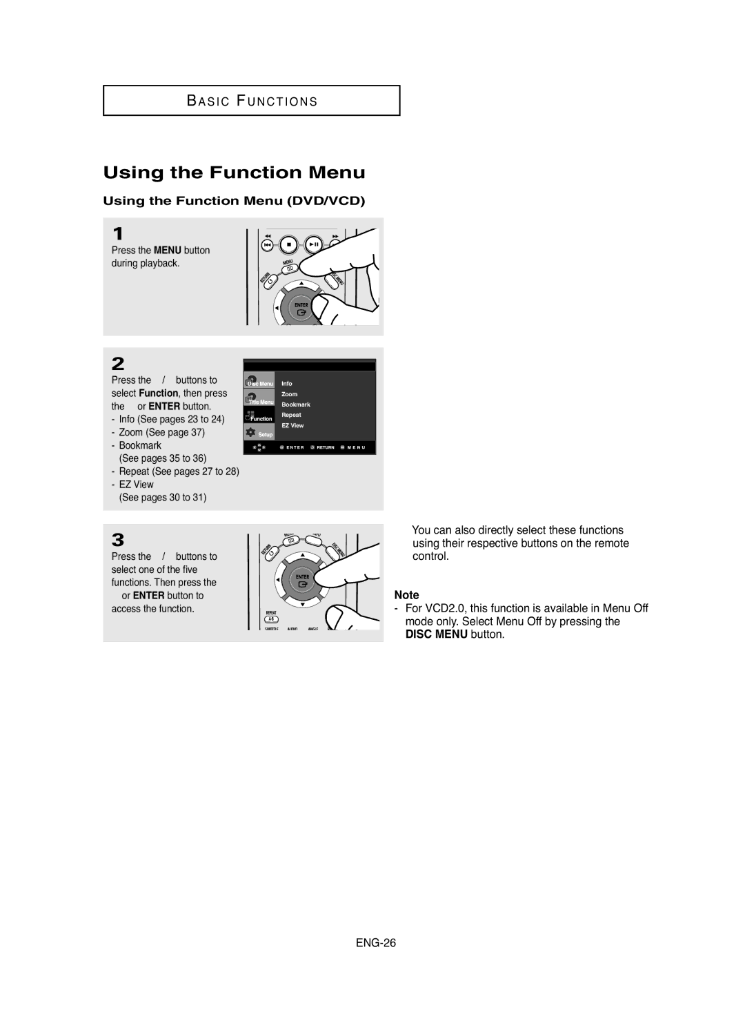 Samsung DVD-HD755 manual Using the Function Menu DVD/VCD, Disc Menu button 