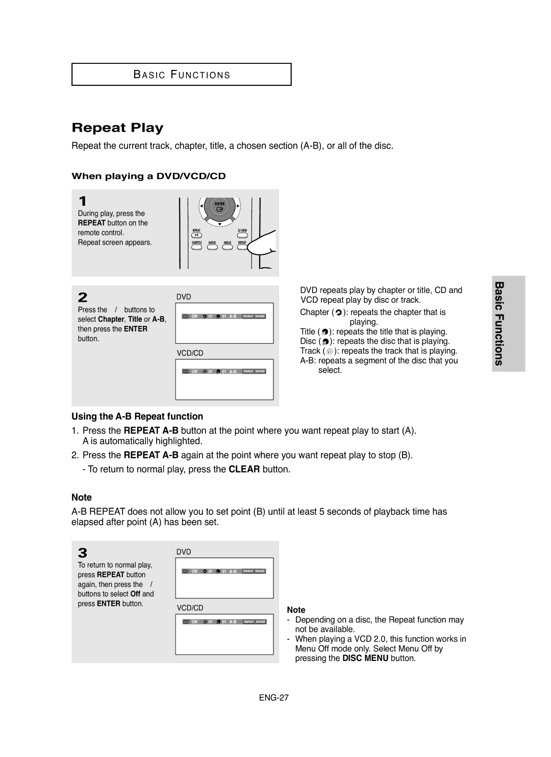 Samsung DVD-HD755 manual Repeat Play, Using the A-B Repeat function 