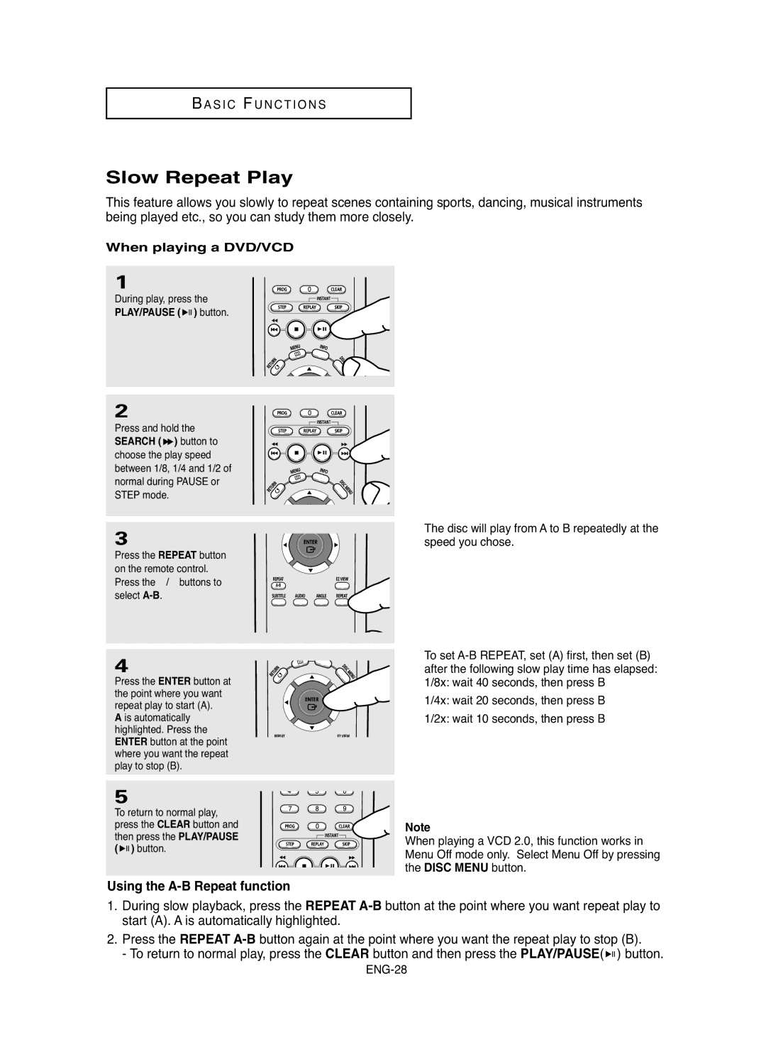 Samsung DVD-HD755 manual Slow Repeat Play, When playing a DVD/VCD, PLAY/PAUSE button, Search button to 