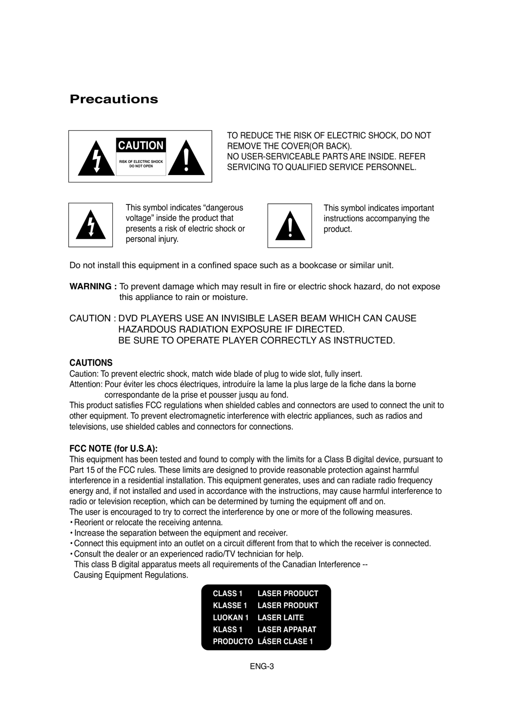 Samsung DVD-HD755 manual Precautions, FCC Note for U.S.A 