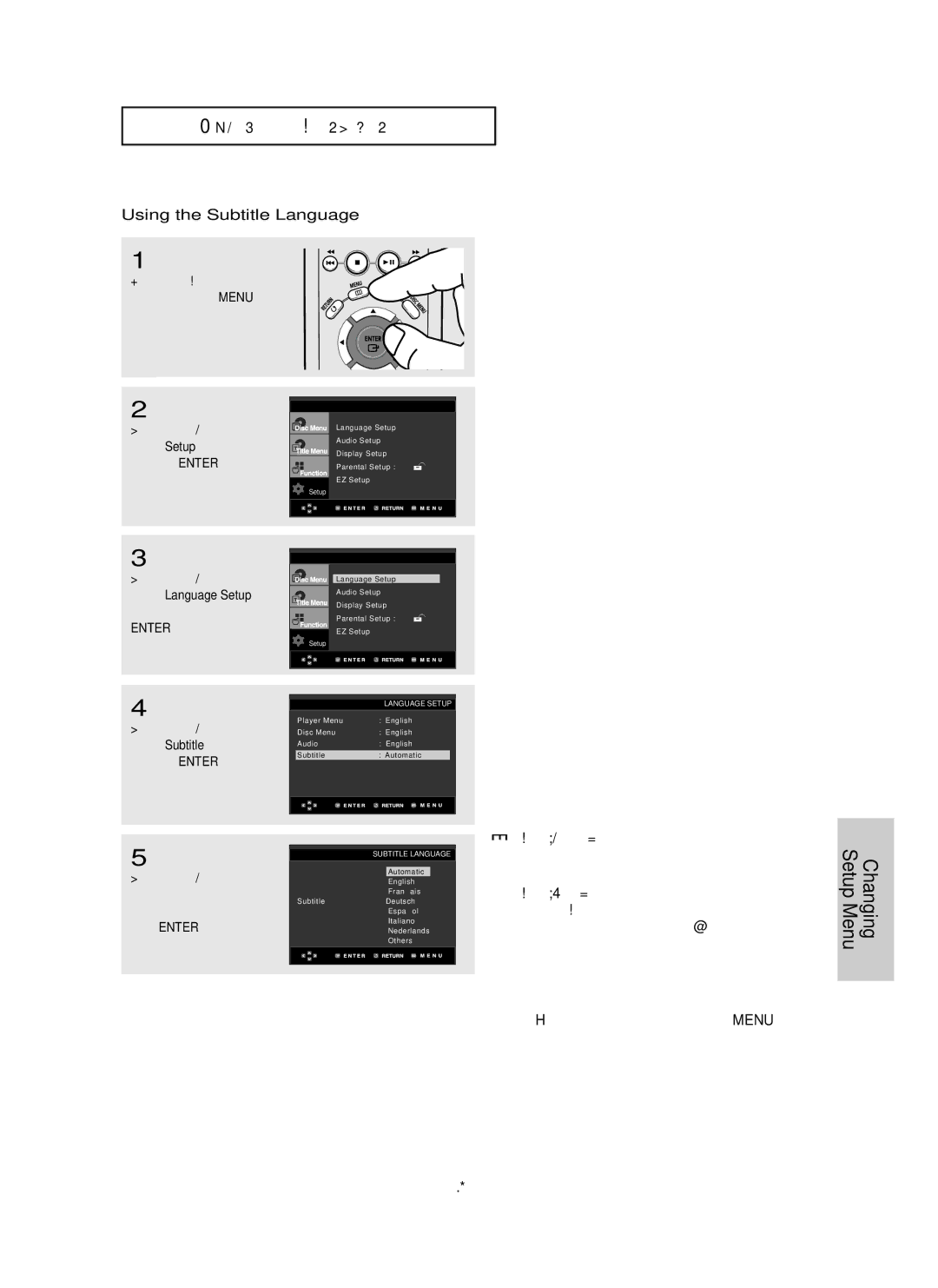 Samsung DVD-HD755 manual Using the Subtitle Language, Select Language Setup 