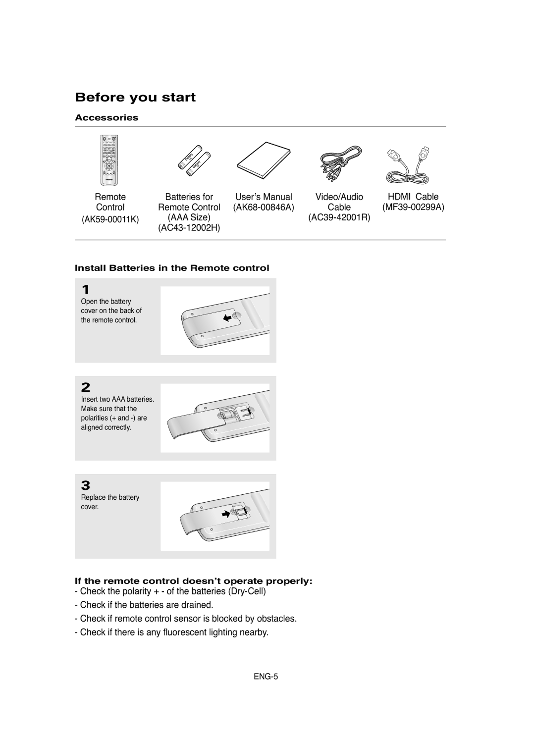 Samsung DVD-HD755 manual Before you start, Accessories, Install Batteries in the Remote control 