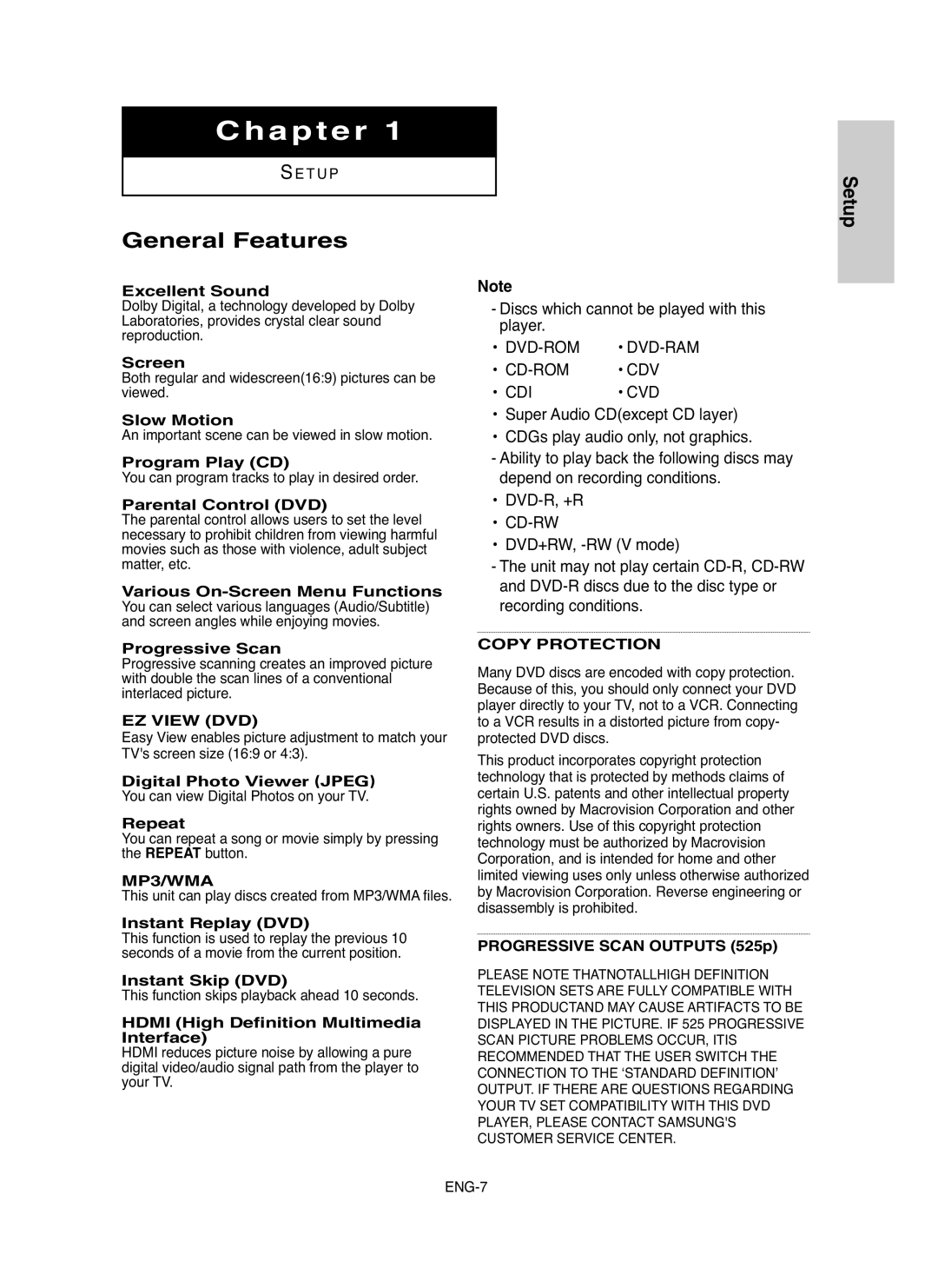 Samsung DVD-HD755 manual General Features 