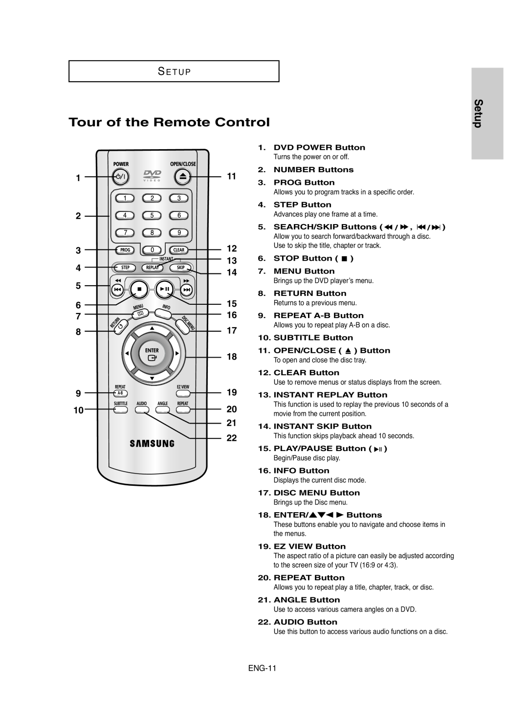 Samsung DVD-HD755 manual Tour of the Remote Control, Setup, S E T U P, ENG-11 