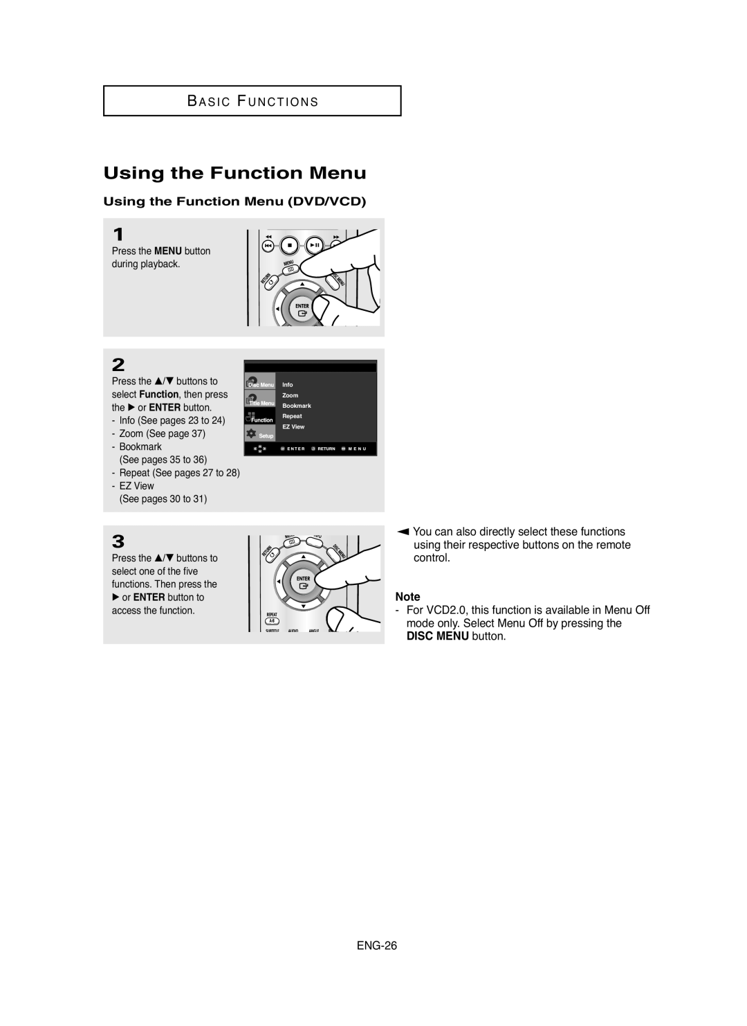 Samsung DVD-HD755 manual Using the Function Menu DVD/VCD, DISC MENU button 