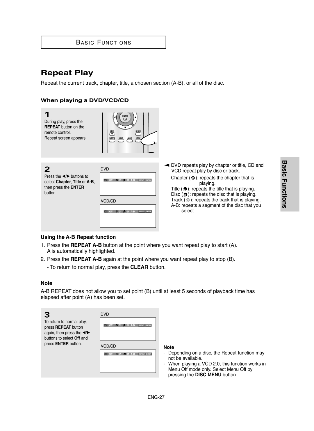 Samsung DVD-HD755 manual Repeat Play, When playing a DVD/VCD/CD 