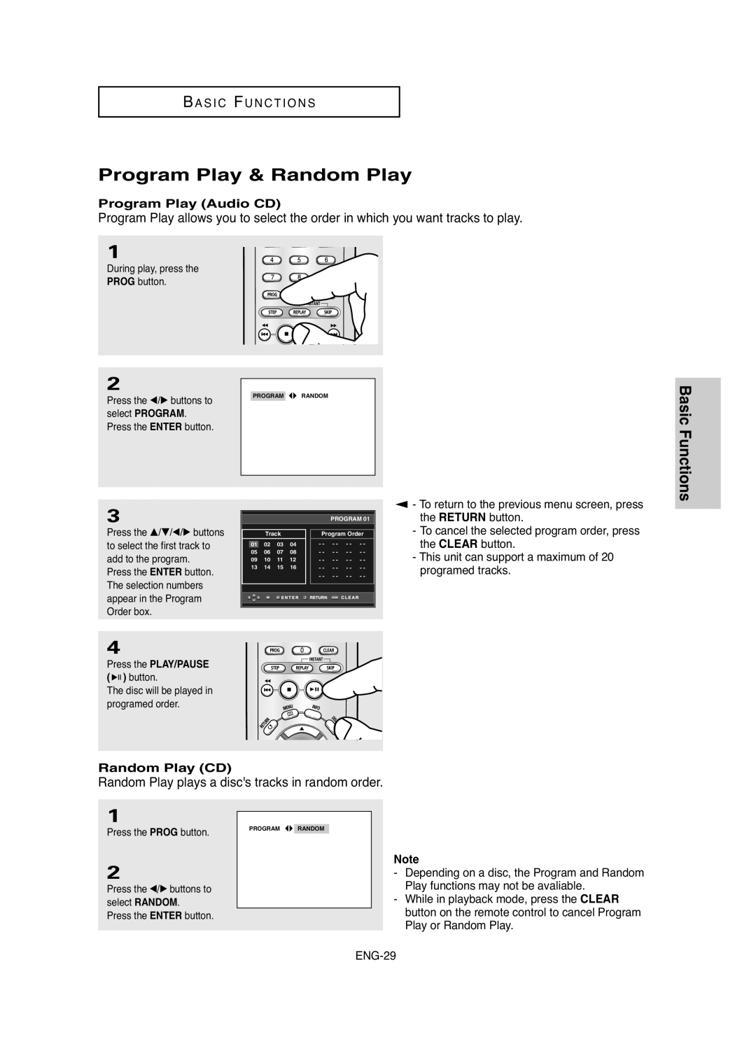 Samsung DVD-HD755 manual Program Play & Random Play, Basic Functions, Random Play plays a discs tracks in random order 
