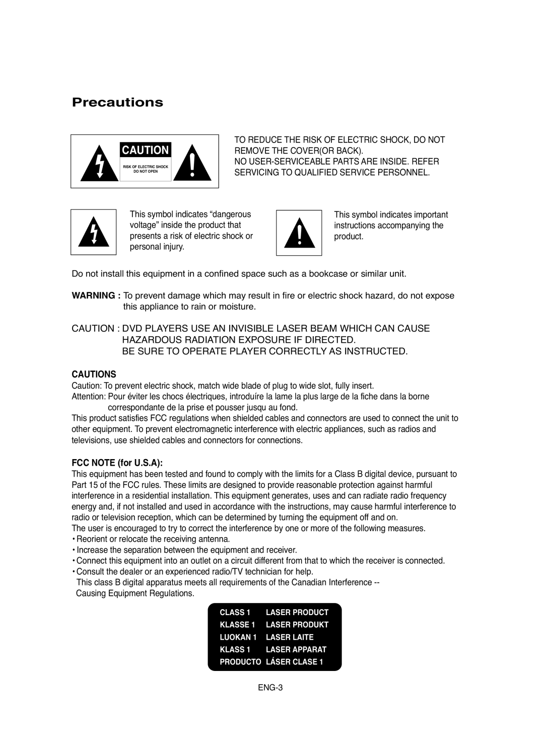 Samsung DVD-HD755 manual Precautions, Cautions, FCC NOTE for U.S.A 